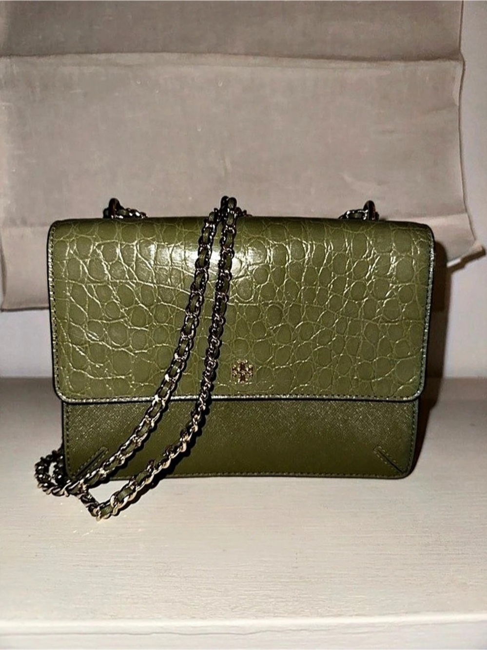 Tory Burch Robinson Crocodile-Embossed Convertible Shoulder Bag Green Crossbody